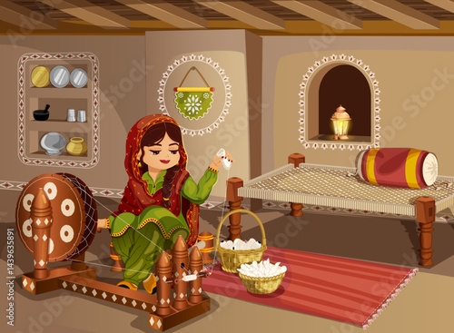 Authentic Rural Lifestyle Illustration. Village Woman Spinning Khadi Using Churkha Sitting in Mud House Living Room with Khatiya. Timeless Artwork 