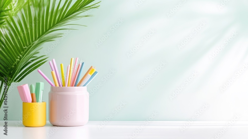 Fototapeta premium Colorful stationery collection displayed on a white surface near a palm leaf against a mint-green background