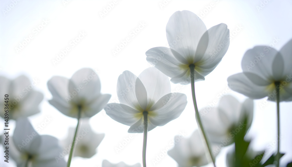 Close-up of Delicate White Anemone Flowers Blooming in Sunlight Close-up of Delicate White Anemone Flowers Blooming in Sunlight