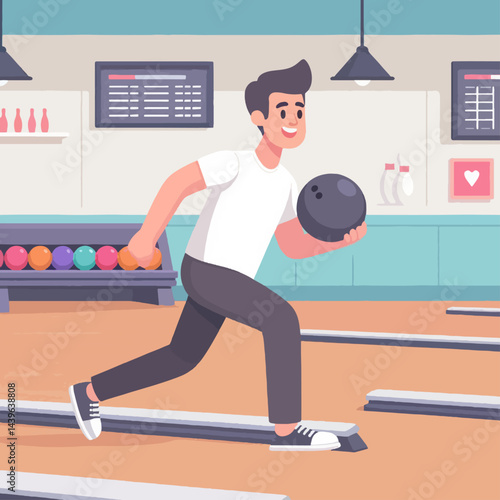 Joyful person is moving quickly while holding a bowling ball in a bowling center.