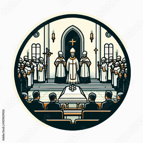 Circular graphic depicts a religious service, possibly a funeral, with various clergy and attendees in a church interior.