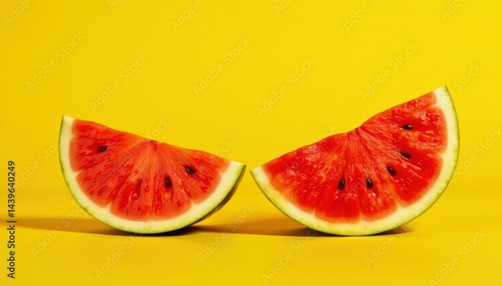 Bright red watermelon wedges on sunny yellow background, food styling, fruit slice Bright red watermelon wedges on sunny yellow background, food styling, fruit slice
