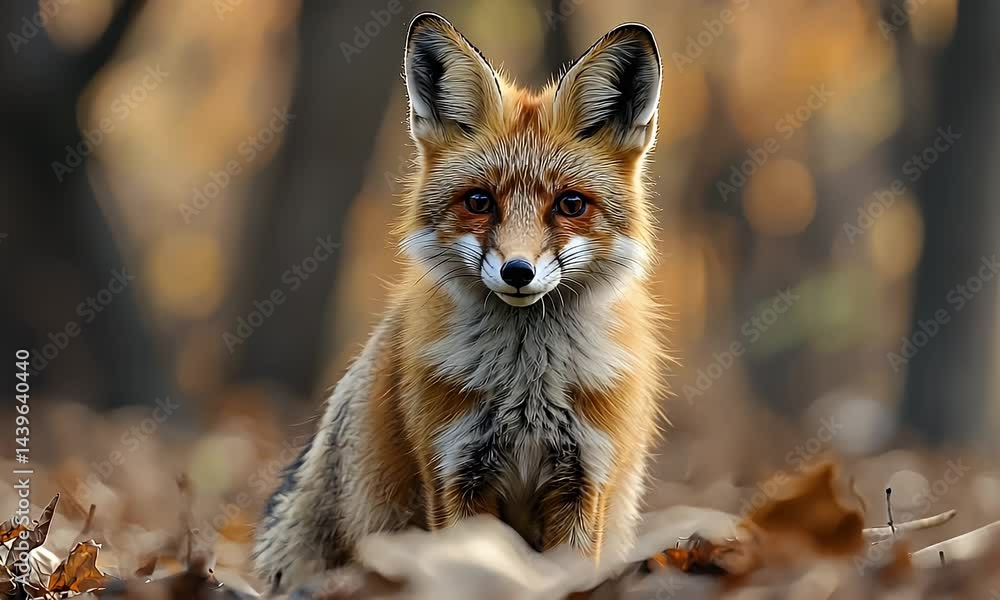 Portrait of a Red Fox Sitting Amidst Fallen Leaves in Forest with Soft Focus Background and Natural Lighting Portrait of a Red Fox Sitting Amidst Fallen Leaves in Forest with Soft Focus Background and Natural Lighting