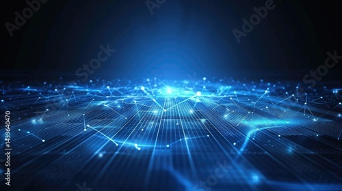 Futuristic blue digital landscape with glowing lines. Abstract image of digital wave and glowing curving line holographic at blue background. Technology innovation and virtual reality concept. AIG55.