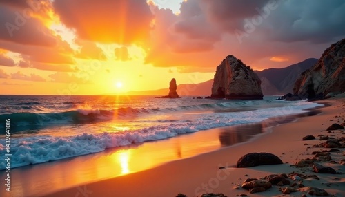 Golden sunrise paints San Jose del Cabo beach, Baja California Sur, Mexico , palm trees, serene
