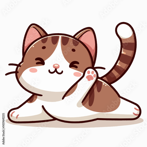 Cartoon depiction of a small, friendly cat lying down with an expression of playfulness and relaxation.
