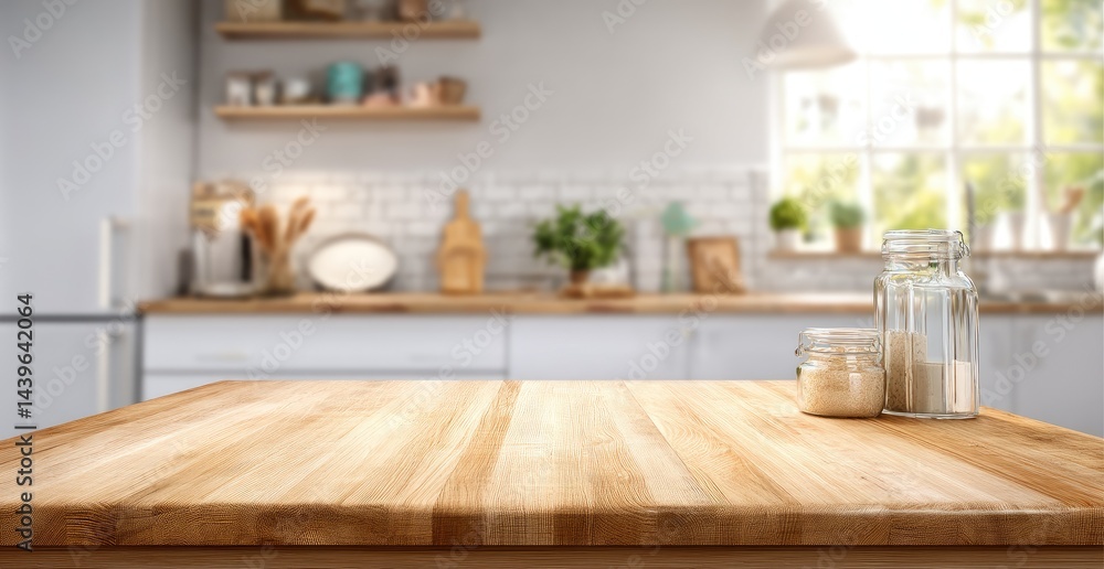 Fototapeta premium Blurred modern kitchen, wooden table
