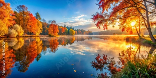 Serene Autumn Sunrise Over a Tranquil Lake, Mirroring the Vibrant Colors of the Fall Foliage and Golden Rays