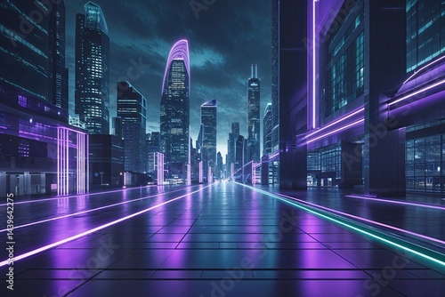 A Sleek Urban Cityscape with Purple and Teal Light Patterns Representing Technology and the Future