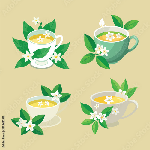 Jasmine tea cups floral design fragrant beverage