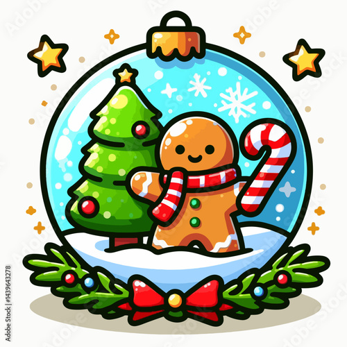 Charming gingerbread man, a Christmas tree, and a candy cane inside a transparent sphere, with wintery details and festive decorations.