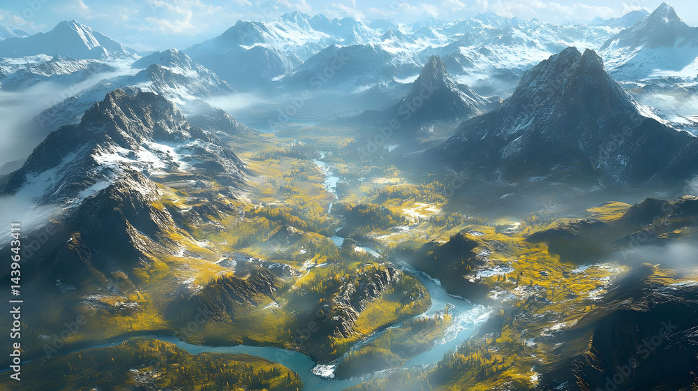 Majestic Aerial View of a Serene Mountain Valley Majestic Aerial View of a Serene Mountain Valley