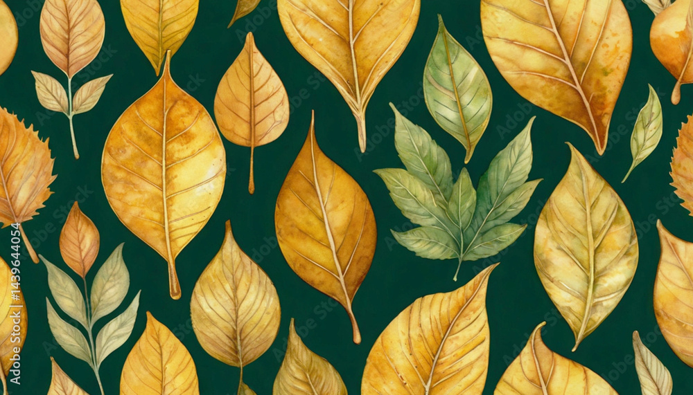 Obraz premium Pattern with bright golden leaves on a green background. Watercolor illustration.