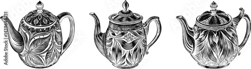 Ornate Teapots Elegant Design Black and White Illustration