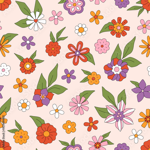 Retro seamless pattern of gorgeous wild flowers and green leaves. Textile design with groovy hippie daisy. Vintage 60s 70s vector background. Floral boho wallpaper