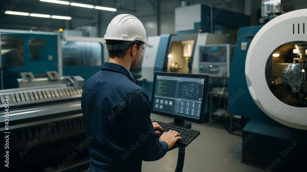 Obraz premium Mechanical engineer in safety uniform wearing glasses inspecting industrial machinery operation in factory environment