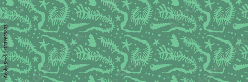 Vector seamless pattern in marine minimal naive art style — underwater ocean scene, vacation theme — hand draw illustrations of starfish, seaweed, shellfish for summer beach prints, surface design