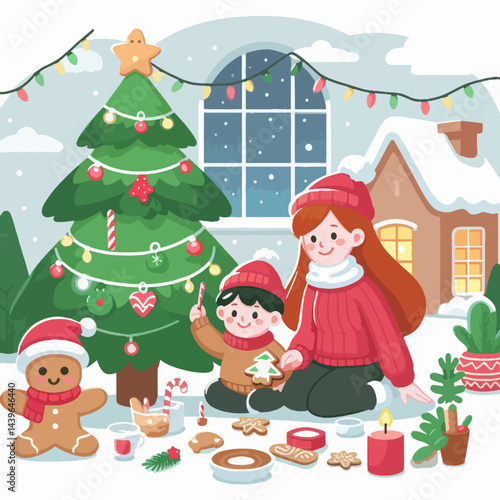 Mother and child are happily decorating a Christmas tree and enjoying festive treats inside a charming winter home.