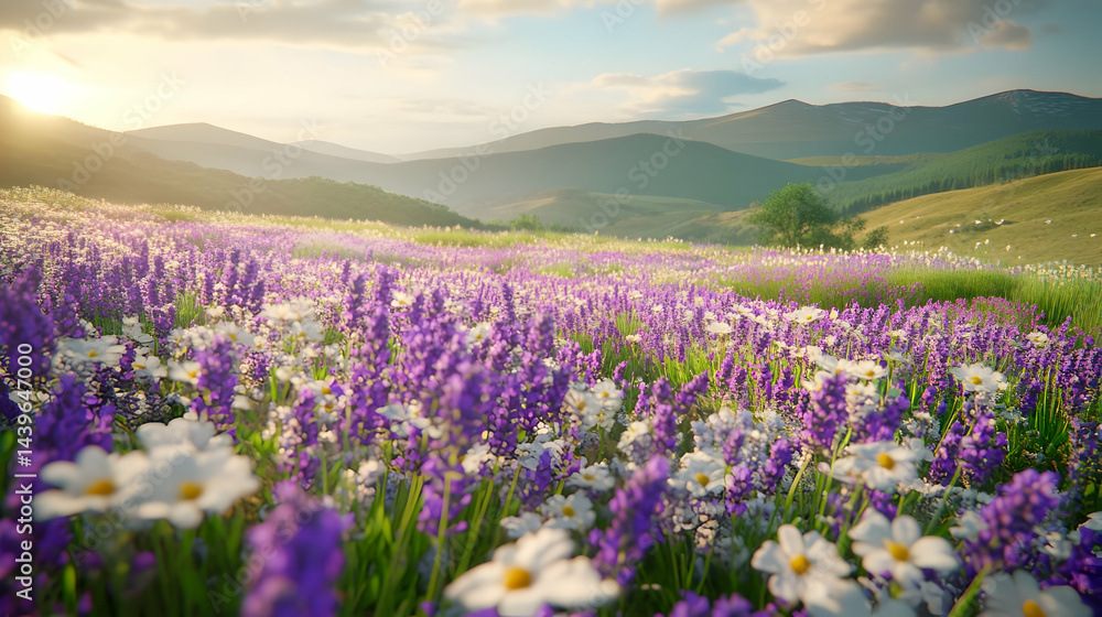 Fototapeta premium Lavender and Daisy Field at Sunset in the Mountains