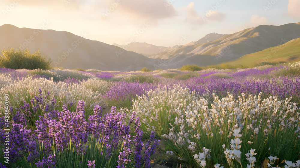Fototapeta premium Lavender Fields at Sunset: A Serene Mountain Landscape