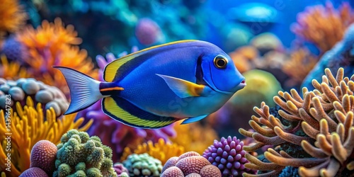 Vibrant Blue Tang Fish Swimming Amidst a Kaleidoscope of Colorful Coral Reefs