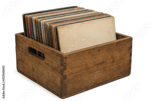 Vintage Wooden Box Filled with Old Vinyl Records Collection