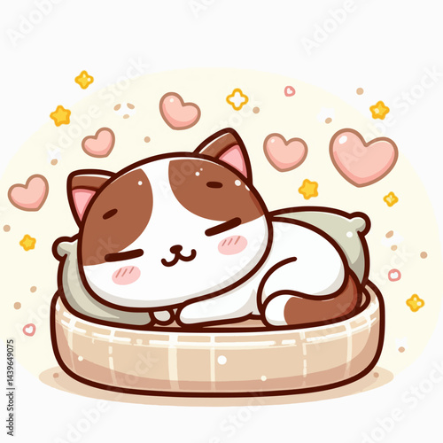 Cartoon illustration of a small, peaceful-looking cat, sleeping comfortably in a bed.