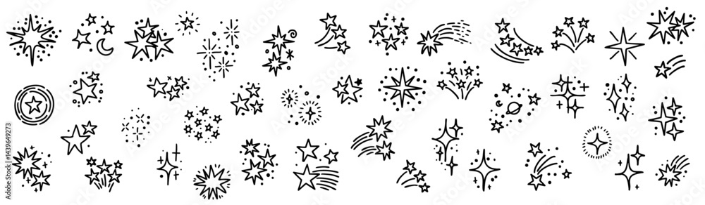 Naklejka premium Set of hand drawn vector stars and sparkles, doodle style