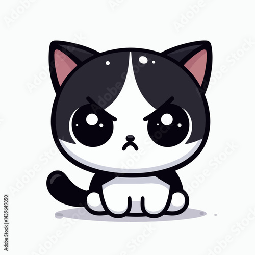 Stylized, cartoon depiction of a black and white cat, displaying an annoyed expression.