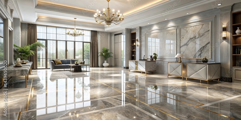 Fototapeta premium Elegant Reception Area with Luxurious Marble Flooring and Golden Accents