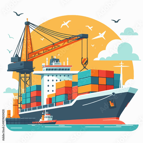 Detailed illustration of a large cargo ship being loaded with colorful containers at a busy port. A large crane is evident in the scene.