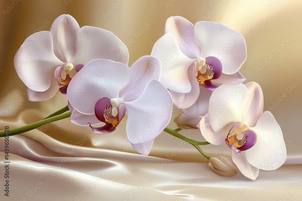 Fototapeta premium Delicate light orchid blossoms on silken fabric.