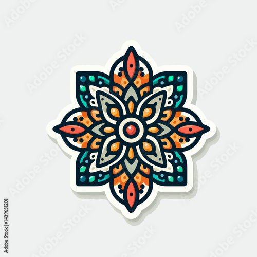 Vibrant, stylized floral mandala design is displayed on a sticker.  Intricate details and colors create a visually appealing graphic.