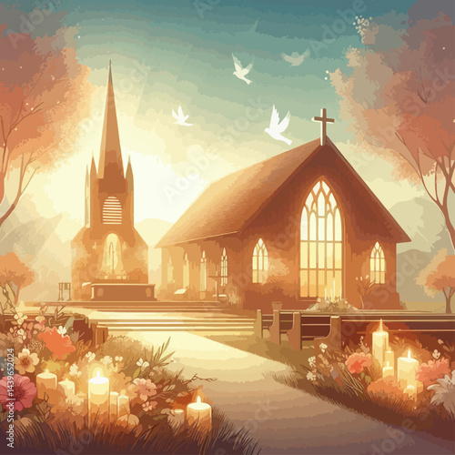 Picturesque scene of a church bathed in golden morning light, with floral arrangements and candles lining a pathway.