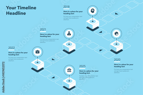 Isometric timeline infographic template with five stages - blue version. Flat diagram for workflow layout, banner or web design.