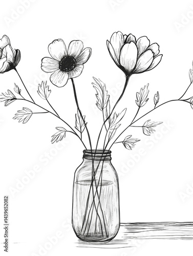 Black and White Floral Sketch of Wildflowers in Jar with Water, Elegant and Minimalist Design for Modern Home Decor and Artistic Projects