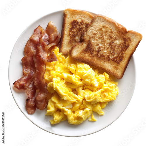 Classic American breakfast plate with scrambled eggs, crispy bacon, and toasted bread on white plate. meal is appetizing and perfect for hearty start to day