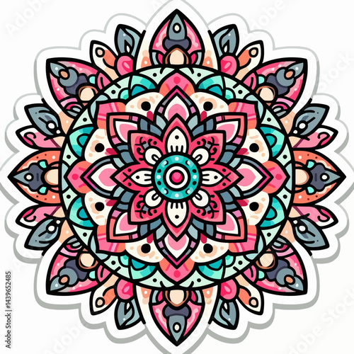 Colorful, symmetrical mandala with detailed flower-like shapes arranged in concentric circles.