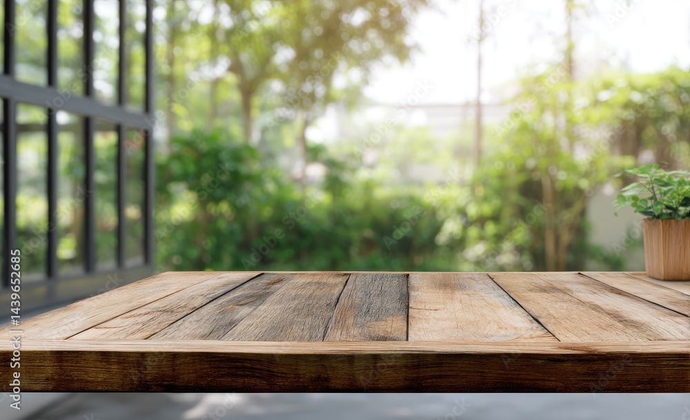 Wooden table outdoors with garden view Wooden table outdoors with garden view