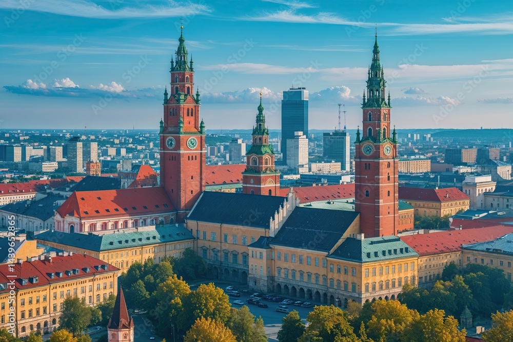 Obraz premium Lavish City Towers and Stunning Cityscape in Downtown Warsaw Under a Flawless Cerulean Sky