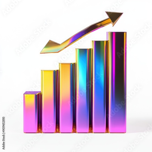 Abstract iridescent bar graph with upward trending arrow