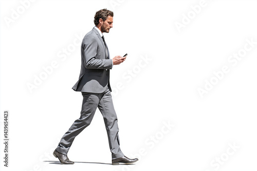 ultra-realistic high-resolution photo of a man in a business suit scrolling on a smartphone while walking, side profile, isolated on white, no background, crisp detail
