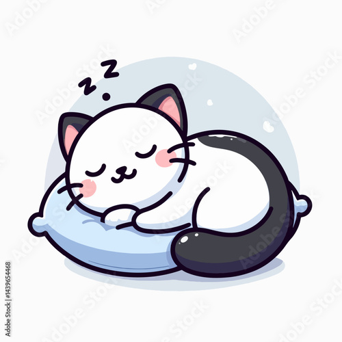 Stylized illustration of a cartoon cat sleeping soundly on a light-blue cushion.