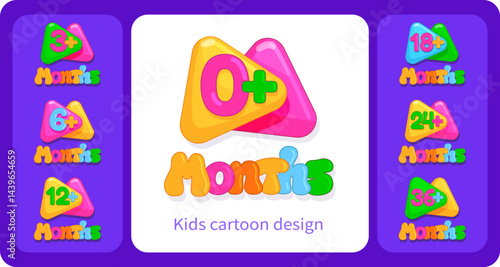 Cartoon colored icons with children's ages and dates of babies by months. Set of illustrations for kids design