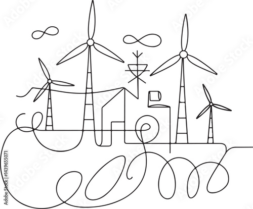 A minimalist black linear design of wind turbines in a landscape scene producing renewable electricity with power lines and an abstract representation of environmental conservation