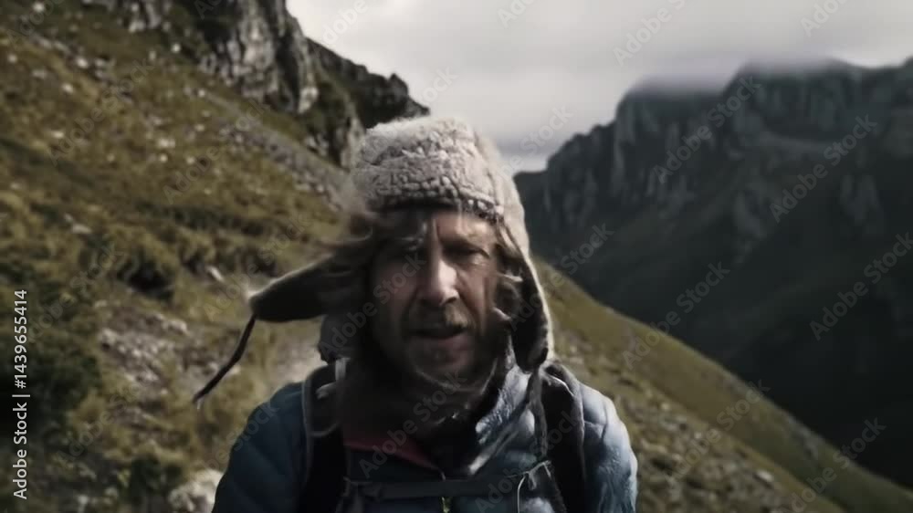 Hiking on Mountain Trail Person in Warm Hat Walking Outdoors Hiking on Mountain Trail Person in Warm Hat Walking Outdoors