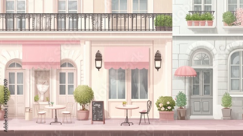 Charming European Cafe Exterior with Pink Accents and Greenery