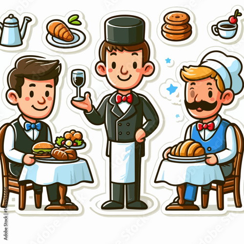Set of stylized cartoon characters representing restaurant staff and customers enjoying a meal.
