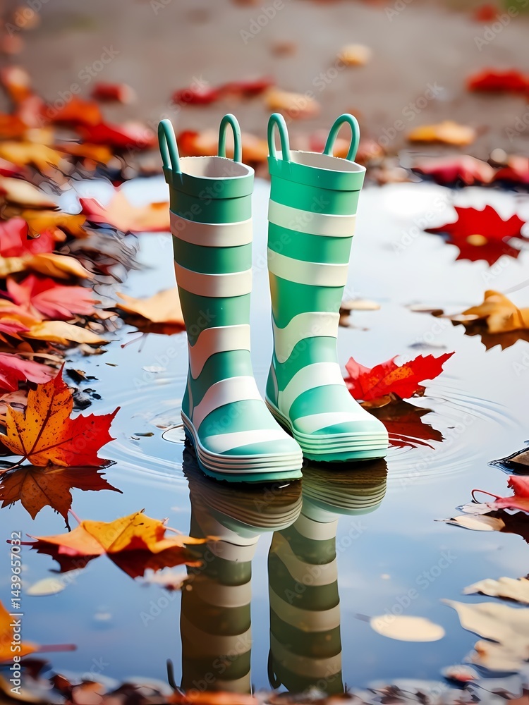 Colorful rain boots by a puddle surrounded by autumn leaves on a serene day
