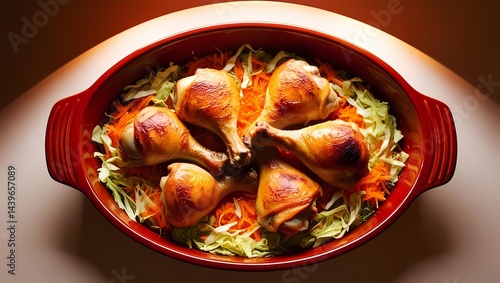 Obraz na płótnie Delicious roasted chicken drumsticks served with fresh vegetables on a vibrant platter w salonie